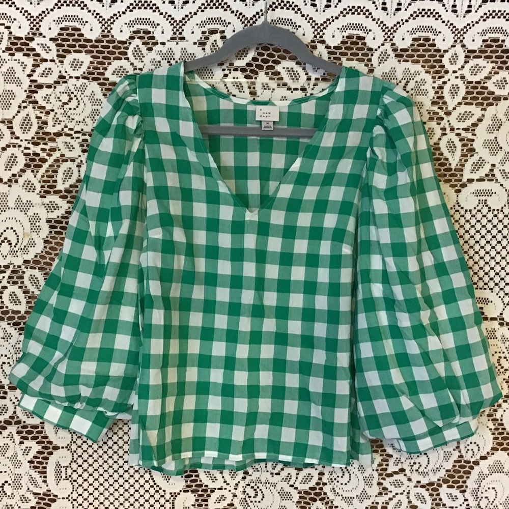 A New Day Checkered Top With Puffy Sleeves
